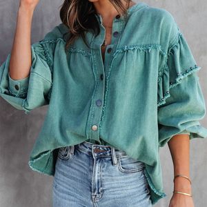 OEM Logo Beaded Lantern Sleeve Ruffle Sleeve black Women's Jeans Jacket Casual Washed Raw Edge Women's denim jacket