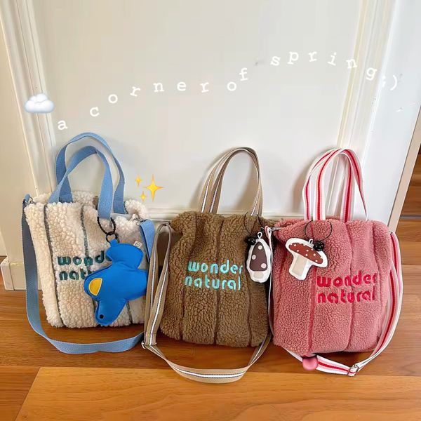 Women's Large Sherpa Fleece Tote Handbag Winter Fashion Style Embroidery Custom Corduroy Cartoon Long Shoulder Straps Bags