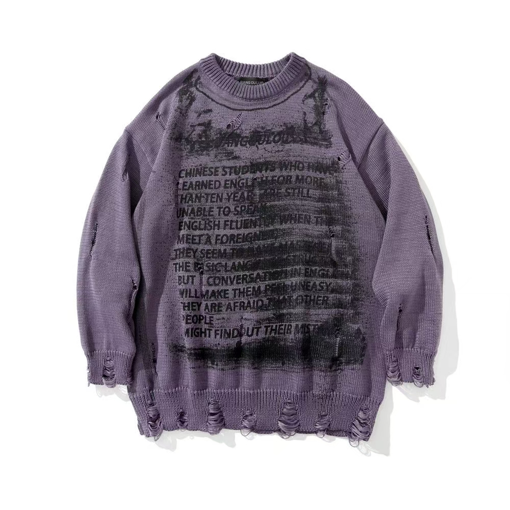Dongguan Humen Xinhongxing Electrical Appliance Firm Dark series letter print beggar ripped sweater High street hip hop loose crew-neck knit sweater for men