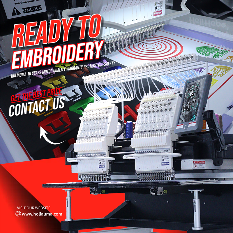 Foshan Honglie Electronic Machinery Co., Ltd. Hot Sale HoliHope Two Head 3D Tshirt Flat Hat Computerized Embroidery Machine Low Price Brother Type Embroidery Machine 2 Head