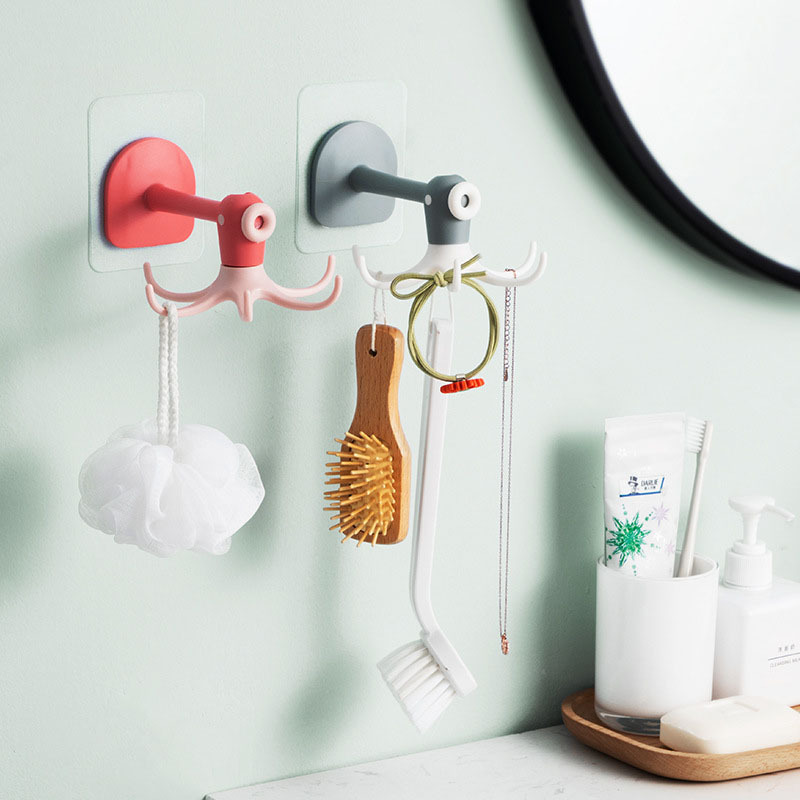 Yiwu Qing Fan Technology Co., Ltd. New 360-Degree Rotating Wall-Mounted No-Hole Sticky Hooks Multifunctional Kitchenware Storage Rack 6 Claws Octopus Hooks