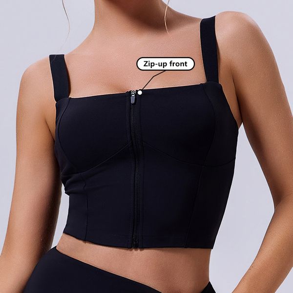 2024 Custom Women Slim Fit Cropped Tank Top Custom Logo Women Gym Workout Yoga Bra Front Zipper Up High Impact Fitness Top