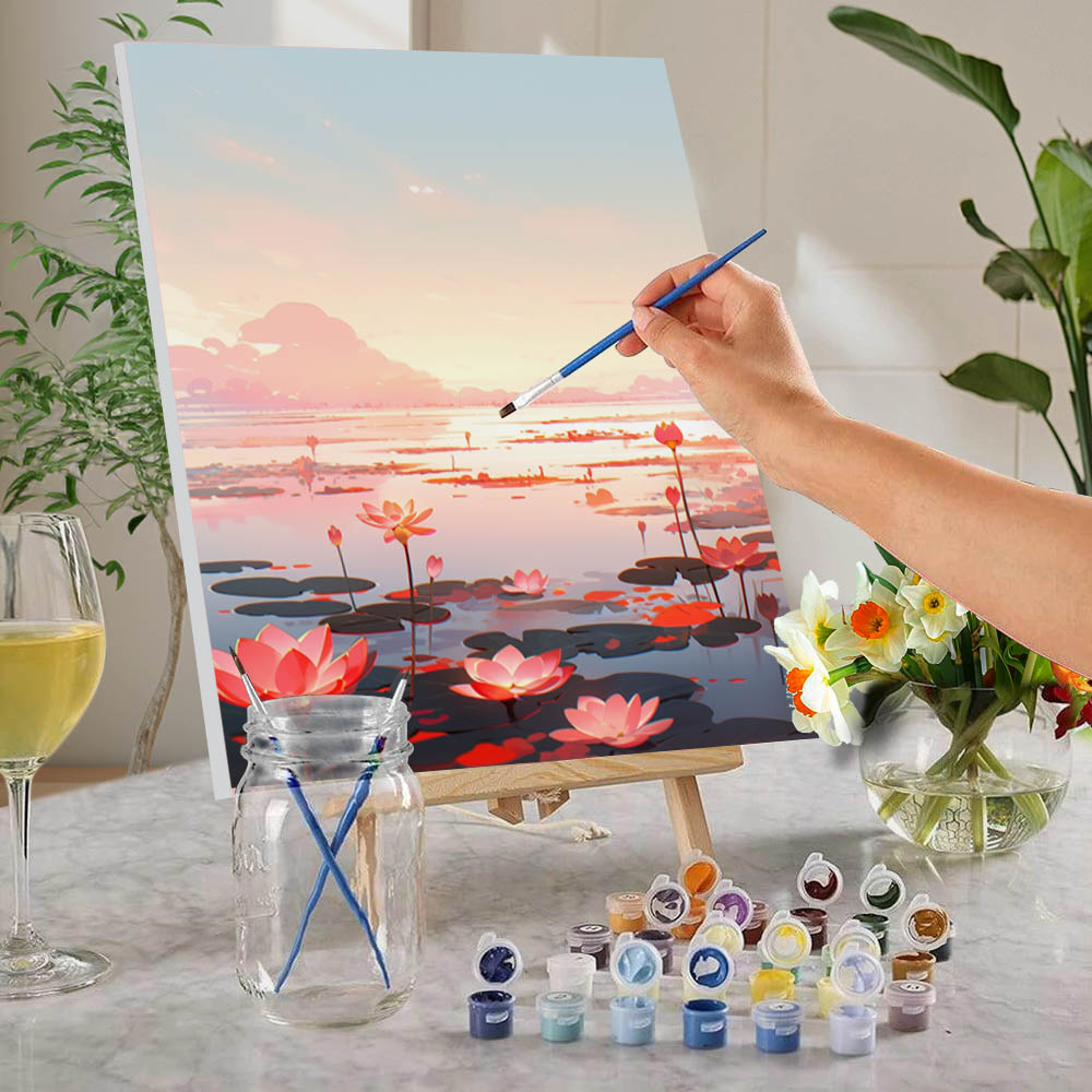 1pc 40x50cm drawing by numbers, frameless DIY color filling by numbers, lotus landscape adult painting