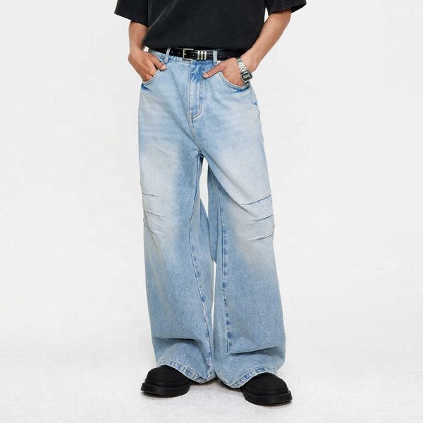 GDTEX custom baggy jeans manufacturer pleated blue jeans for men denim wide leg distressed jeans men