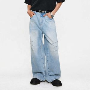 GDTEX custom baggy jeans manufacturer pleated blue jeans for men denim wide leg distressed jeans men