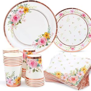Floral Paper Plates and Napkins Cups Sets Pink Flower Tea Party Supplies Disposable Dinnerware Sets for Bridal Shower Birthdays