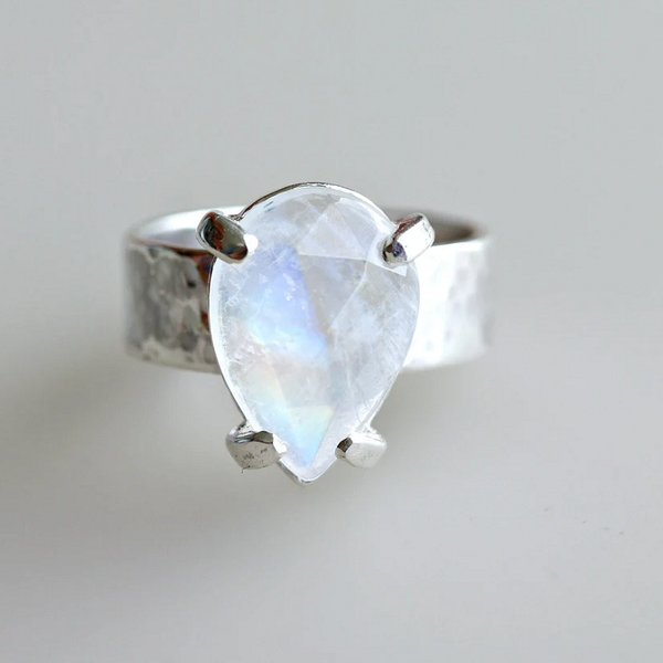 Classic natural pear cut wide band ring sterling silver white gold natural gemstone jewelry blue moonstone hammered band ring