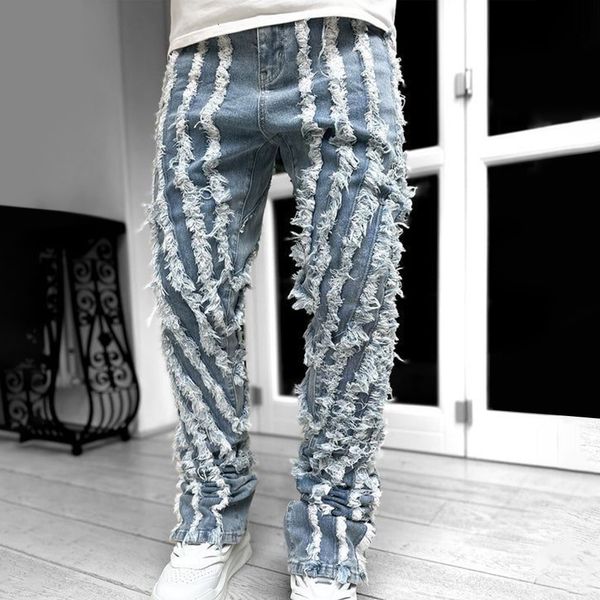 Hip Hop Vintage Washed Distressed Trousers Ripped Stacked Pants Denim Flare Men Jeans