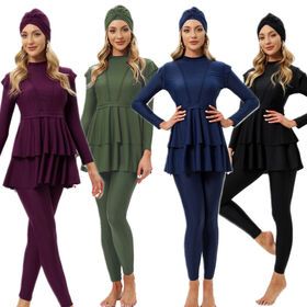 2023 Black Ruffle Muslim Swimwear Burkini 3pcs with Bra Padding Patchwork Hijab Long Sleeves Sport Swimsuit Islamic Wear Bathing