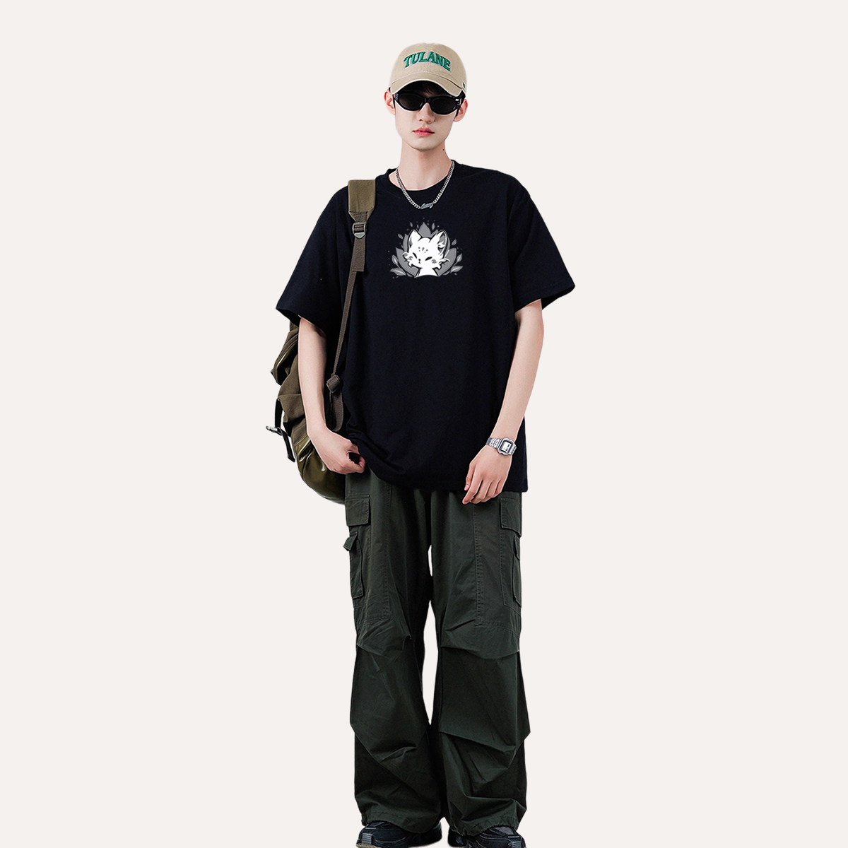 Yunxiao County Qiweisi Clothing Co., Ltd. Trend cute fox embroidery texture T-shirt men's and women's loose crewneck top oversize fashion cotton T-shirt