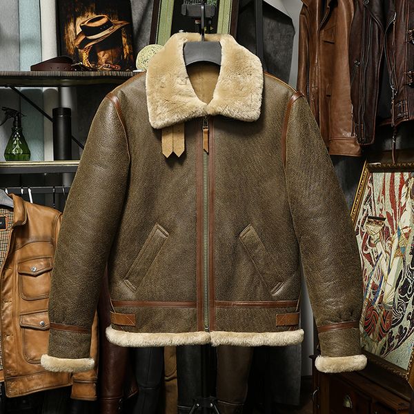 B3 Bomber Jacket Man Wool Genuine Leather With Fur Collar Locomotive Thick Fleece Lined Motorcycle Jacket