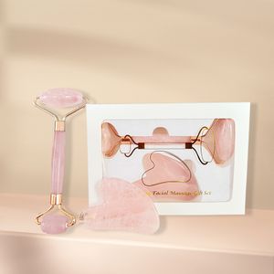 Gua Sha facial tool Custom logo 100% Natural Facial Massage Roller Rose Quartz Face Jade Roller Gua Sha Set