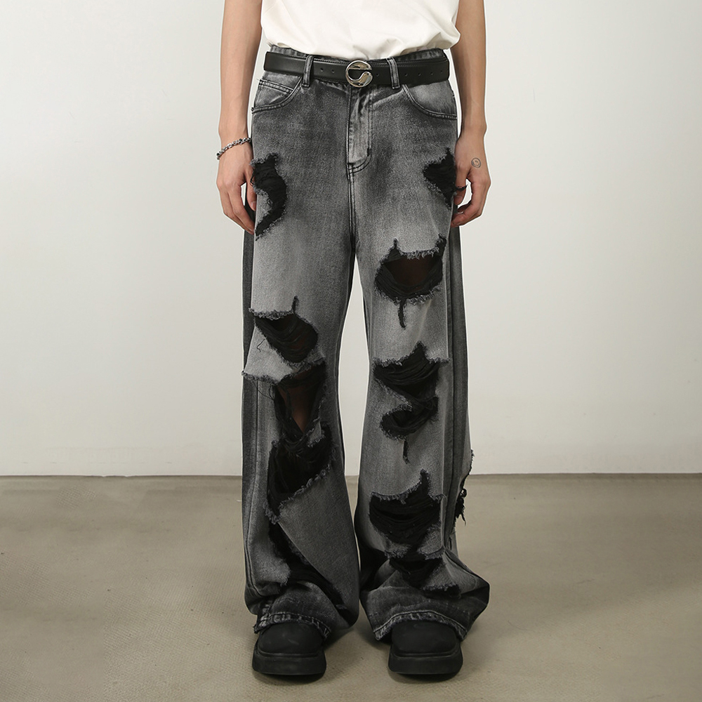 Custom men loose fashion baggy denim jean trousers faded black oversize vintage acid washed distressed denim jeans for men