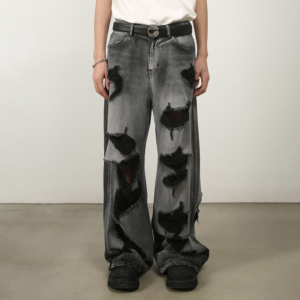 Custom men loose fashion baggy denim jean trousers faded black oversize vintage acid washed distressed denim jeans for men