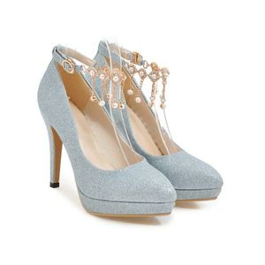 Custom Elegant round Head Designer Sandals Luxury High Heeled Women's Shoes in Satin for Parties Thin Heels with Pearl Chain