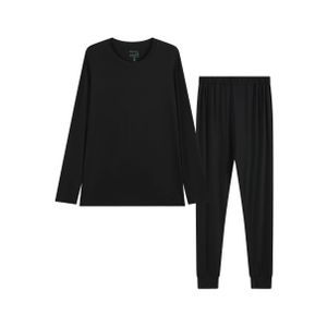 Bamboo Pajama Set Round Neck Cotton Top Long Pajama Pants Pure Black Pajamas Clothes 2 Piece Outfit Sets