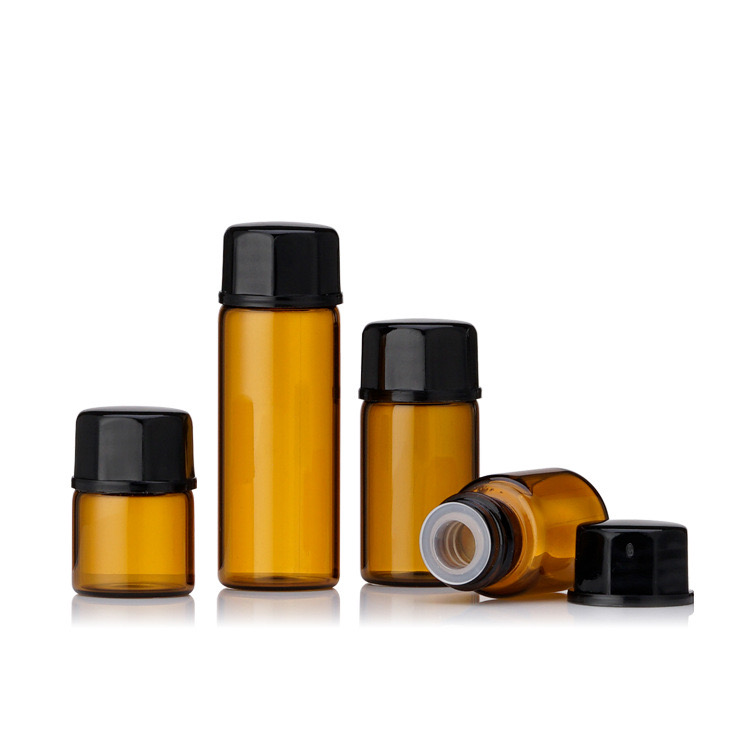Xuzhou Tongrui Glass Product Co., Ltd. Sample vials perfume tube 1ml 2ml 3ml 5ml empty mini essential oil bottle amber glass vial with black screw cap