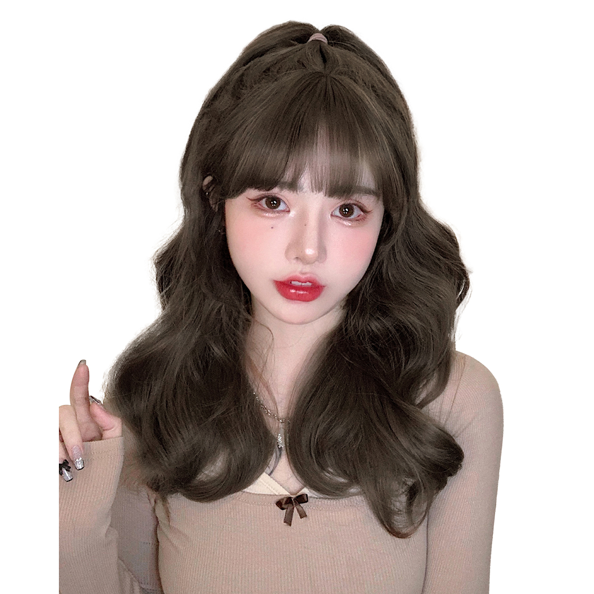 Guangzhou Zhiyouliliang Trading Co., Ltd. 20Inch Greeny Brown Beautiful Synthetic Wigs with Bangs Long Natural Wavy Hair Wig for Women Daily Use Cosplay Heat Resistant