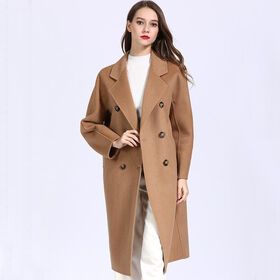 Women Double Face V Neck Double Breasted Long Cashmere Wool Coat