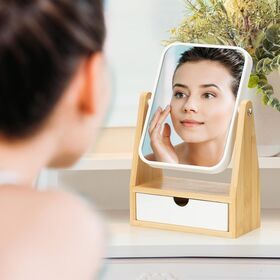 Wood Natural Bamboo Portable Small Table Desk Countertop Makeup Mirror