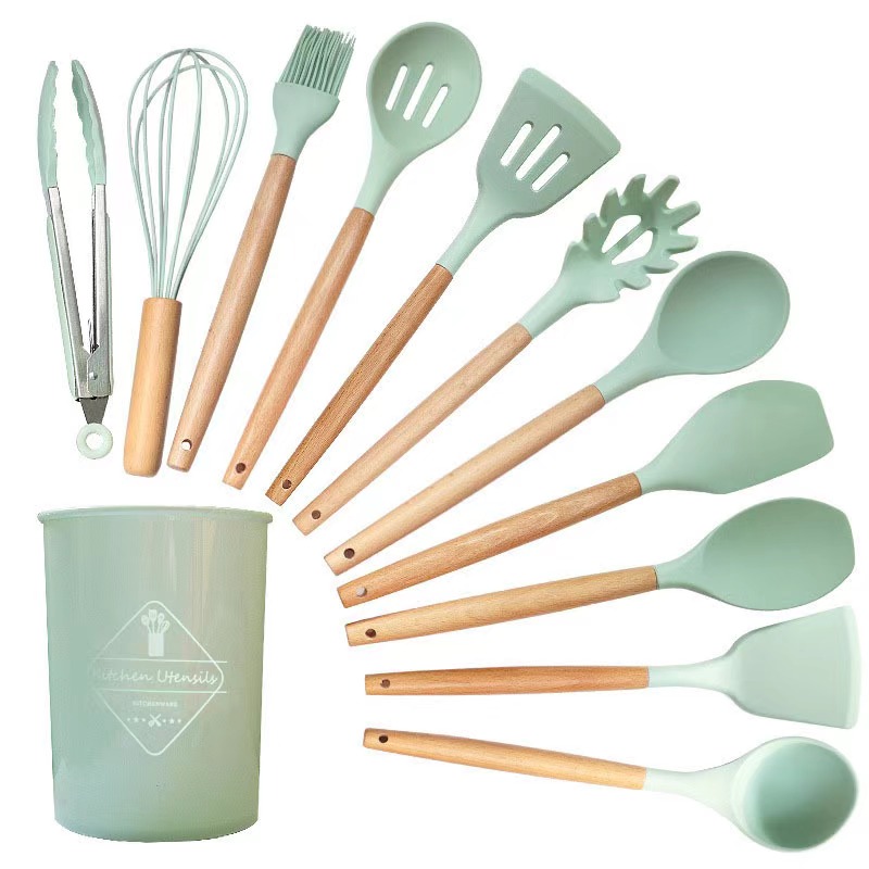 Can Kitchen silicone spatula with wood handle silicon ladle set 12pcs kitchen utensils silicone for cookware
