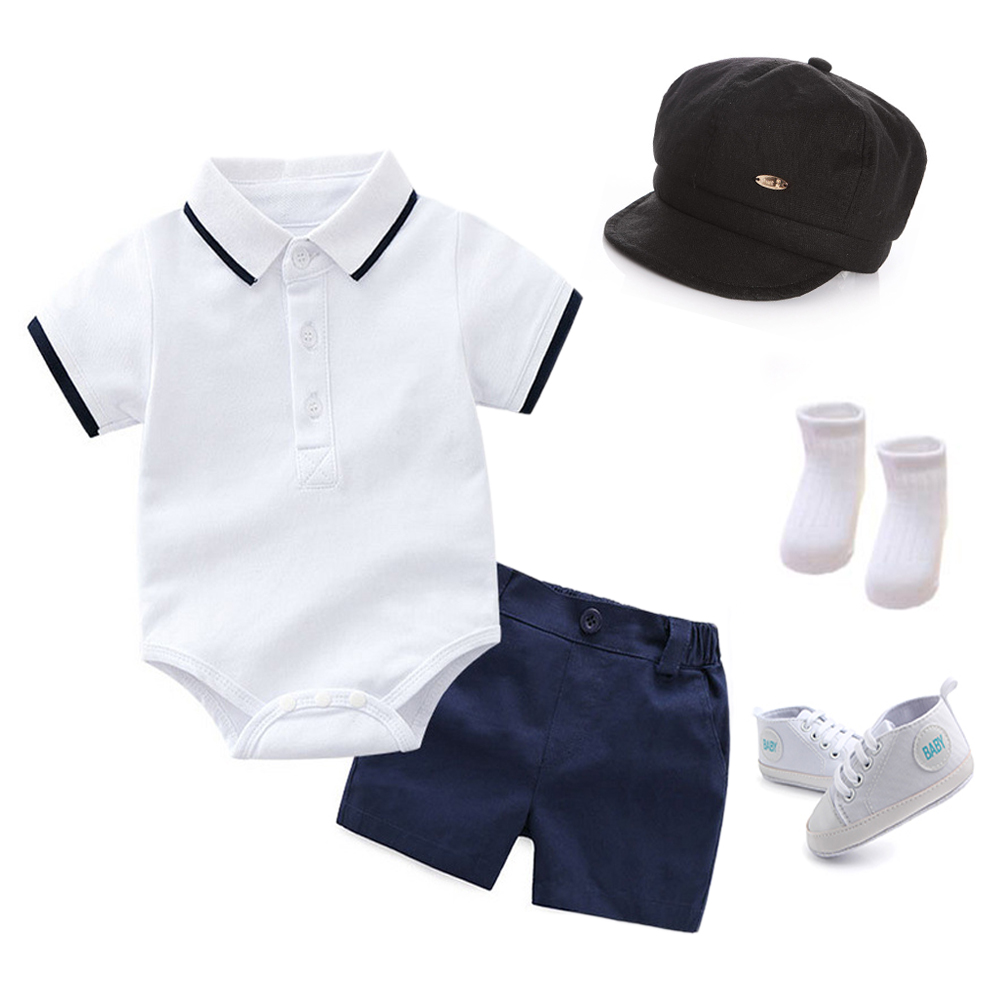 Cotton Summer Boy Turn-down Collar Romper Jumpsuit + Hat + Shoes + Shorts Toddler Outfits Clothes Newborn Baby Boy Set
