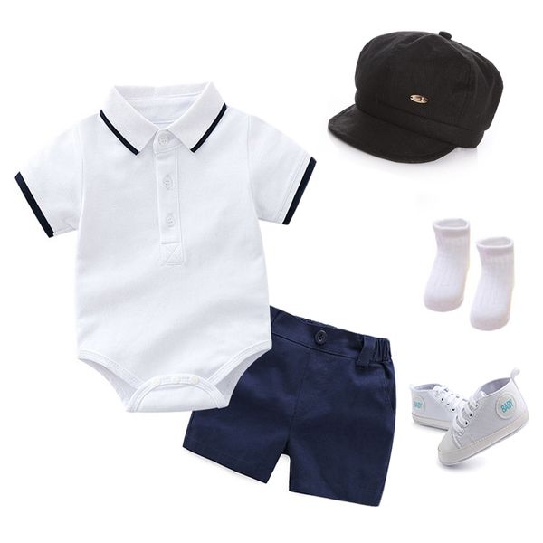 Cotton Summer Boy Turn-down Collar Romper Jumpsuit + Hat + Shoes + Shorts Toddler Outfits Clothes Newborn Baby Boy Set