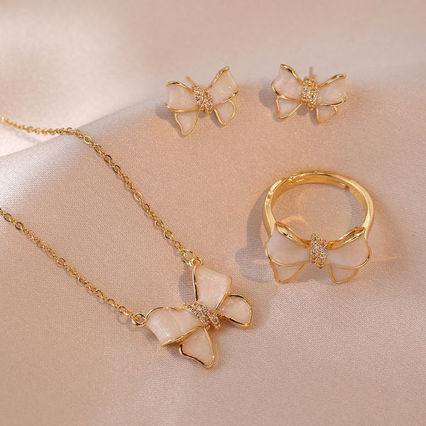Trendy Gold Plated Stainless Steel Designed Pendant Sweet Butterfly Necklace Earrings And Ring Jewelry Set Wholesale For Women