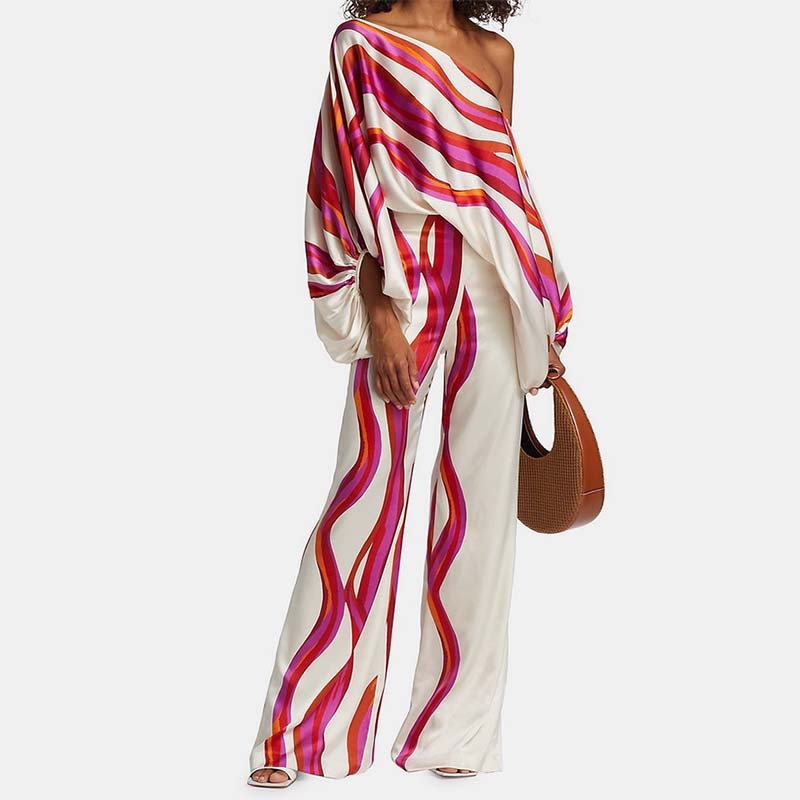 spring fall women clothing ladies printed casual loose top long wide leg pants fashion suit two piece women's sets