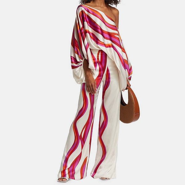 spring fall women clothing ladies printed casual loose top long wide leg pants fashion suit two piece women's sets