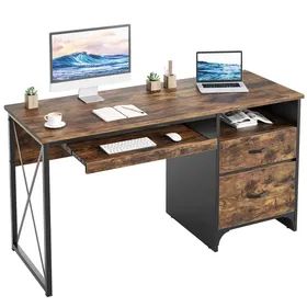 Ikegao 55" W Home Office Furniture Wooden Writing Study Computer Table Desk with Keyboard Tray