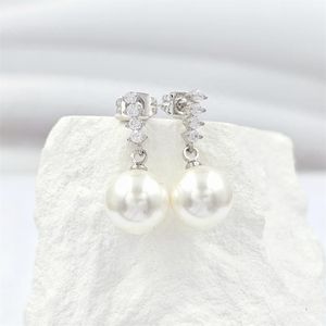 Wholesale High Quality Shiny CZ Glass Pearl Stud Earrings Gold & Rhodium Plated Trendy Brass Jewelry