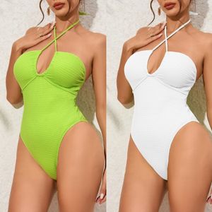 2024 Summer Clothing Sexy Swimsuit Colors Textured Fabric Tummy Control Women's Halter One Piece Swimwear Bathing Suits