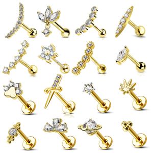 14KT Solid Gold Clear Crystal Helix Ear Piercing Labret with Diamond Diath Tragus Gold Stud Earring for Women
