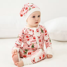 OEM/ODM 95% Bamboo 5% Spandex Baby Apparel Custom Print YYK Zipper Christmas Pajamas with Hat