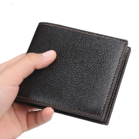 Eime Men's short lychee pattern open wallet simple thin soft leather wallet