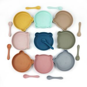 Ex-Factory Price Anti-Fall Baby Feeding Suction Bear Plate Food Grade Silicone Rubber Feeding Bear Plate Suction With Spoon Set