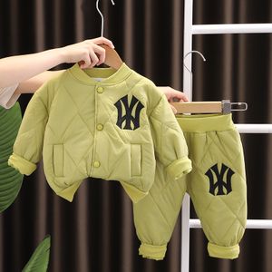 Boys girls winter clothes thick round neck long sleeve letter printing warm coat and pants two-piece set kids clothing ser