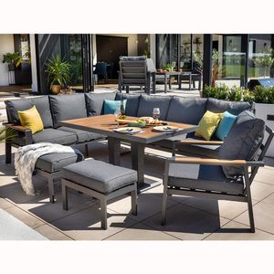 AJUNION Aluminum Garden Furniture Teak Wood Tabletop Dining Furniture Patio Set Outdoor Space Dining Set with Rising Table