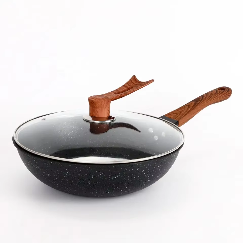 Die-Cast Aluminium Frying Wok With Lid For Cooktops 32cm Wok Pan Nonstick Deep Pot Pan Stir Fry Chinese Long Handle