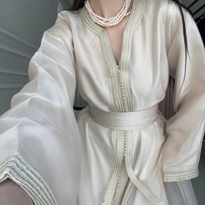 Elegant Maxi Dress For Dubai Turkish Shiny Cotton Fabric Abaya Luxury V-Neck Abaya Dress Beige Muslim Abaya Wholesale