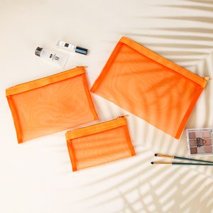 Custom Logo Cosmetic Organizer Orange Mesh Makeup Bag