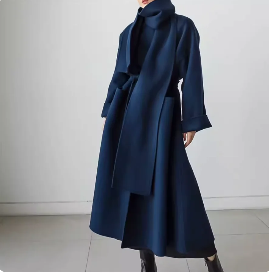 Wholesale Customization Autumn and Winter New Lace up Woolen Coat Women's Knee Length Korean Loose Large Neck