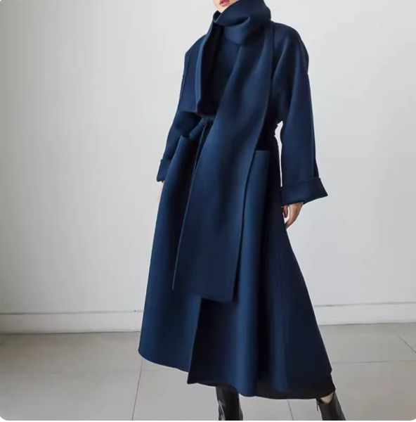 Wholesale Customization Autumn and Winter New Lace up Woolen Coat Women's Knee Length Korean Loose Large Neck