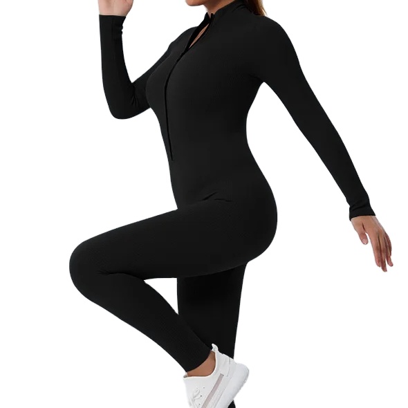 Shanghai Fengxian District Fengpu Sub-district Community Health Service Center Women's new black zip-up fitness yoga bodysuit, moisture absorbent high elastic knit outdoor running jumpsuit