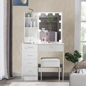 Modern Luxury Wood Dressing Table with LED Bulbs & 3-Color Vanity Desk Drawers Stool Stand Mirror for Hotel Bedroom Furniture