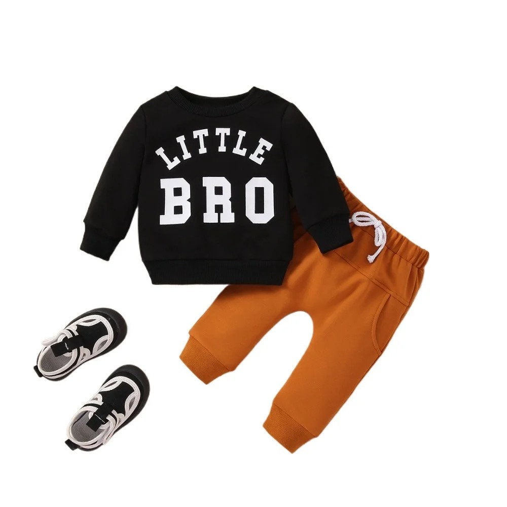 Shenzhen Fangqing Clothing Co., Ltd. Autumn Children's Two-piece Set Infant Baby Boys Casual Round Neck Letter Printed Pullover Top +Solid Color Pants Kids' Clothing
