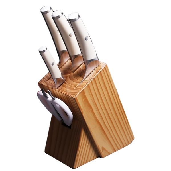Professional White ABS Handle Chopping Knife Santoku Knife Scissors Cutlery Set 6 Pcs Kitchen Knives Block Set
