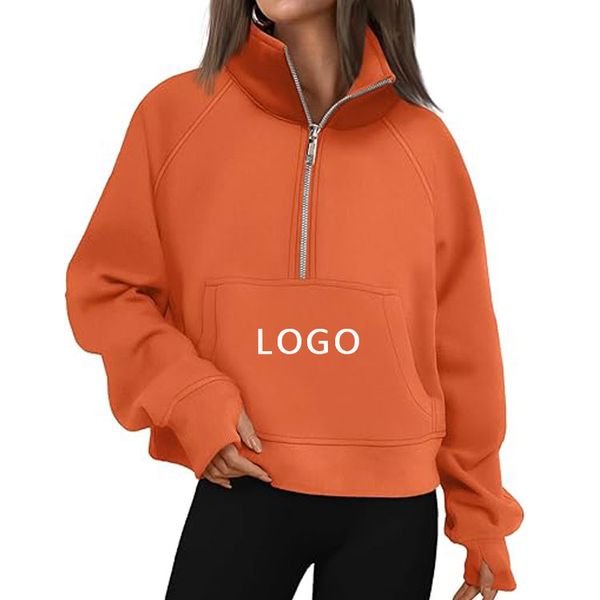 Custom half zipper Cropped Pullover cotton fleece sweatshirt half zip sweater crew neck hoodie jacket with zipper for women