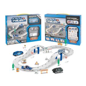 28PCS Electric Alloy Railway Set Play Battery Powered Diecast Mini Police Cars Racer Toy with Tracks for Kids